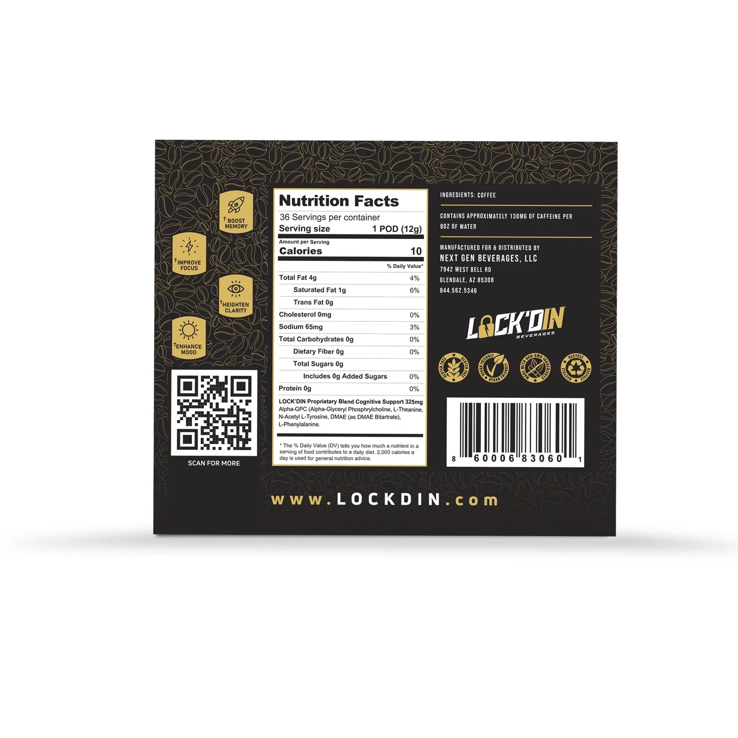 LOCK'DIN - Nootropic-Infused Focus Coffee Pods (Case of 36)