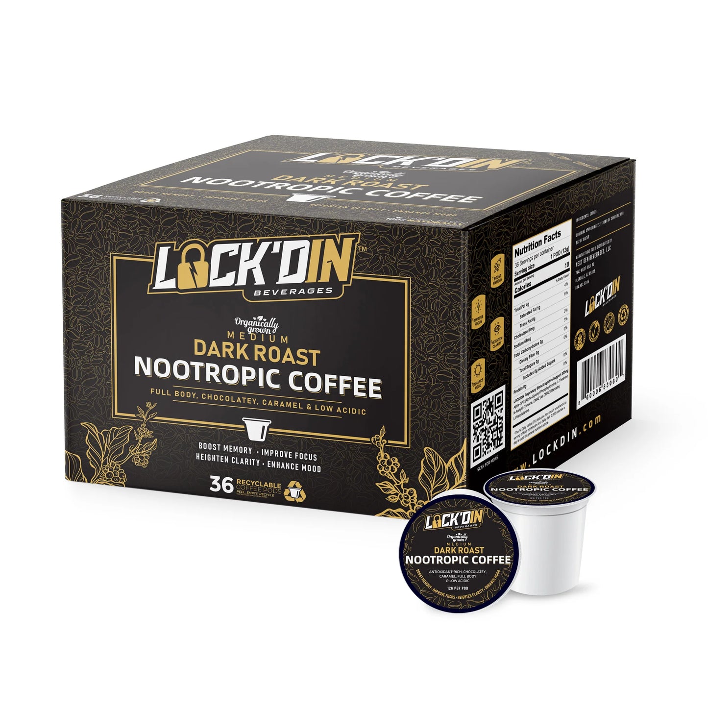 LOCK'DIN - Nootropic-Infused Focus Coffee Pods (Case of 36)